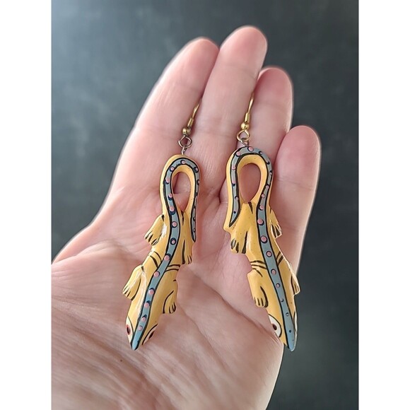 Painted Wooden Dangling Salamander Earrings Vintage Costume Jewelry NOS - Picture 2 of 10
